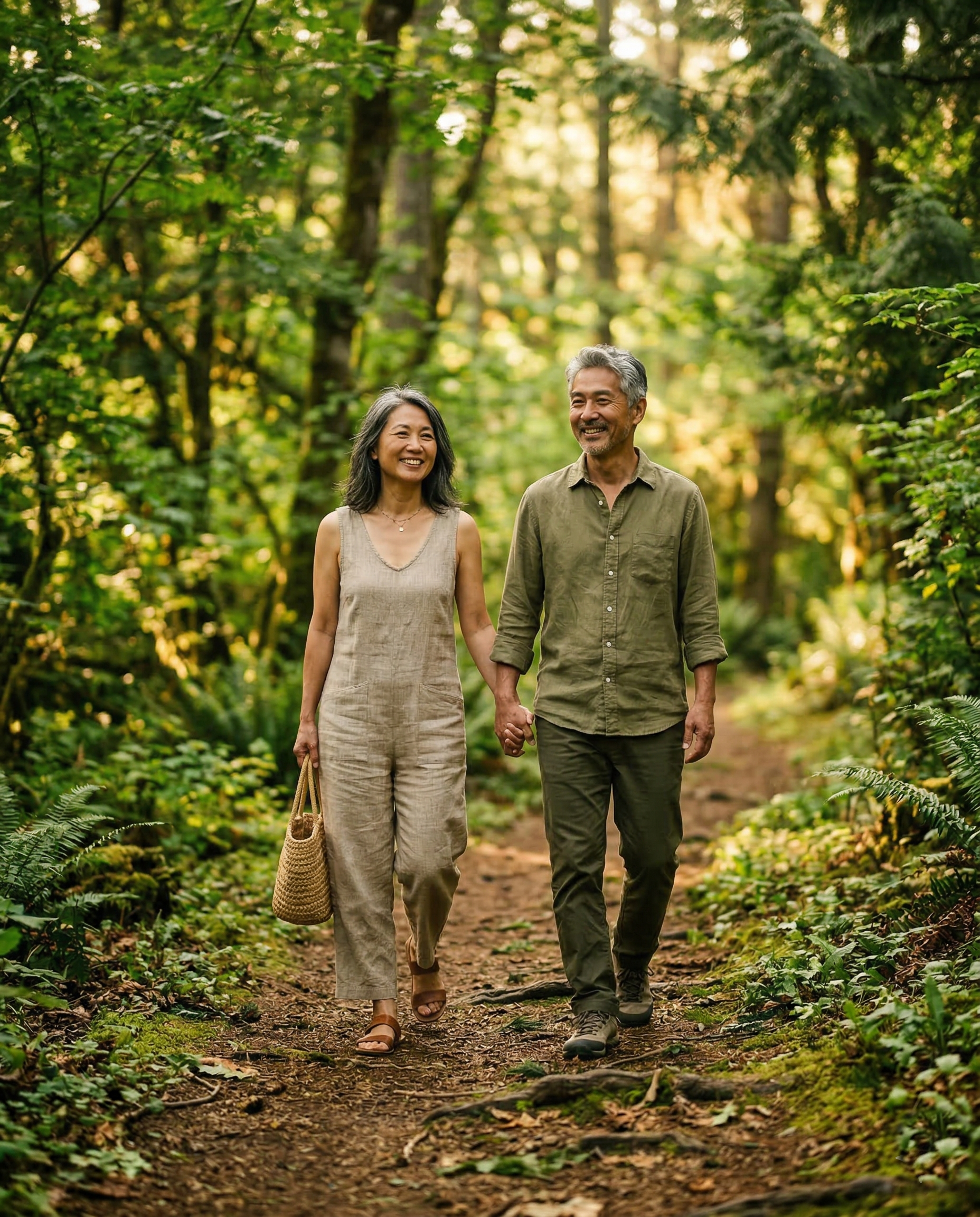 คู่สามีภรรยาวัยกลางคนเดินเล่นในธรรมชาติ สุขภาพดีมีความสุข — Chevity Wellness